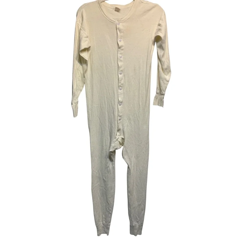VTG 60s HEALTHKNIT Mens L 42-44 cotton Thermal Unionsuit Underwear Off-White USA